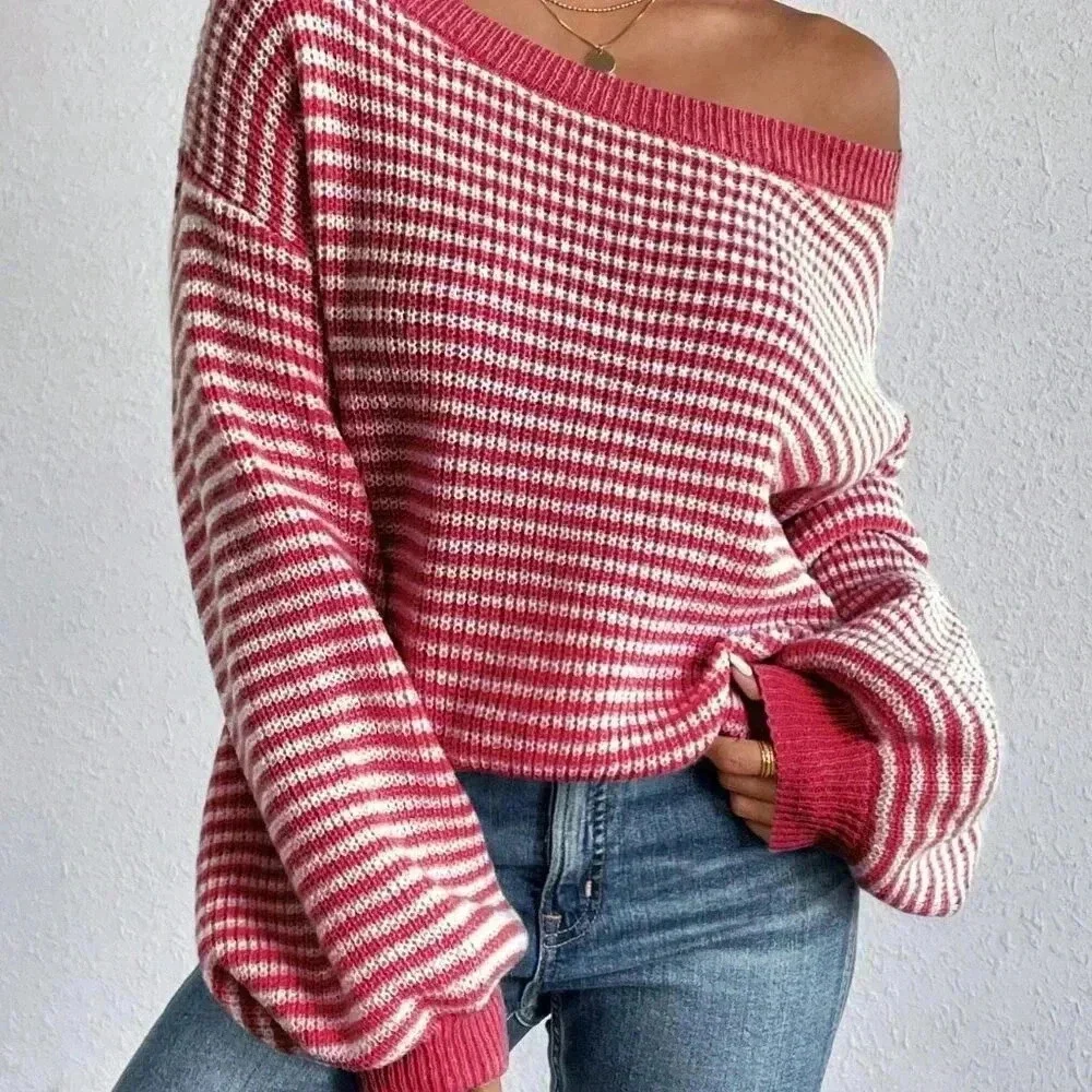 Pink Casual Women's Striped Printed Turtleneck Pullover Sweater